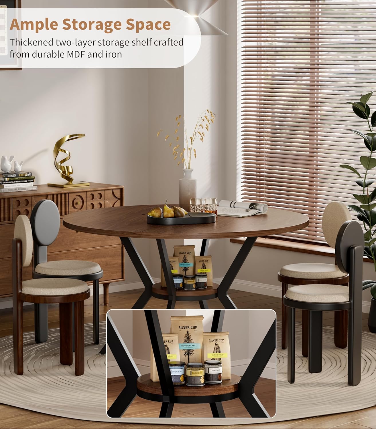 42" Round Dining Table for 4, Farmhouse Kitchen Table with Storage, Space Saving Circle Dinner Table, Rustic Wood Kitchen & Dining Room Tables with Metal Legs for Kitchen, Living Room, Dining Room
