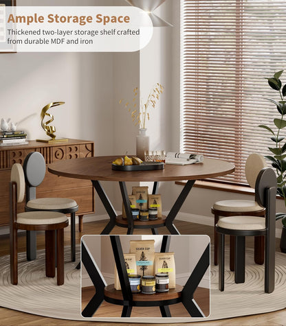 42" Round Dining Table for 4, Farmhouse Kitchen Table with Storage, Space Saving Circle Dinner Table, Rustic Wood Kitchen & Dining Room Tables with Metal Legs for Kitchen, Living Room, Dining Room