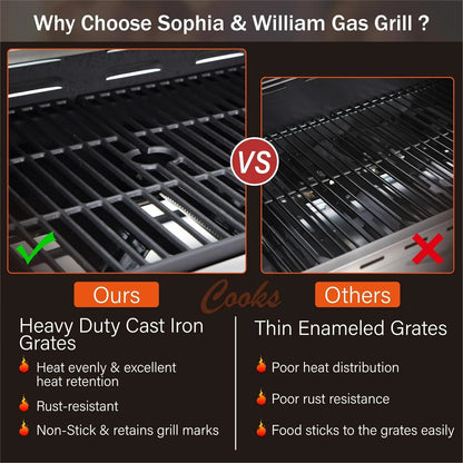 Burner Gas grill with side burner and enameled cast iron grille 42,000BTU outdoor cooking stainless steel propane grill Garden grill, silver