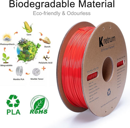 Kretrum PLA Filament 1.75 mm 3D Printer Filament Dimensional Accuracy +/- 0.02 mm 1 KG 2.2 lbs Cardboard Spool 3D Printing Filament Fits for Most FDM 3D Printers Red