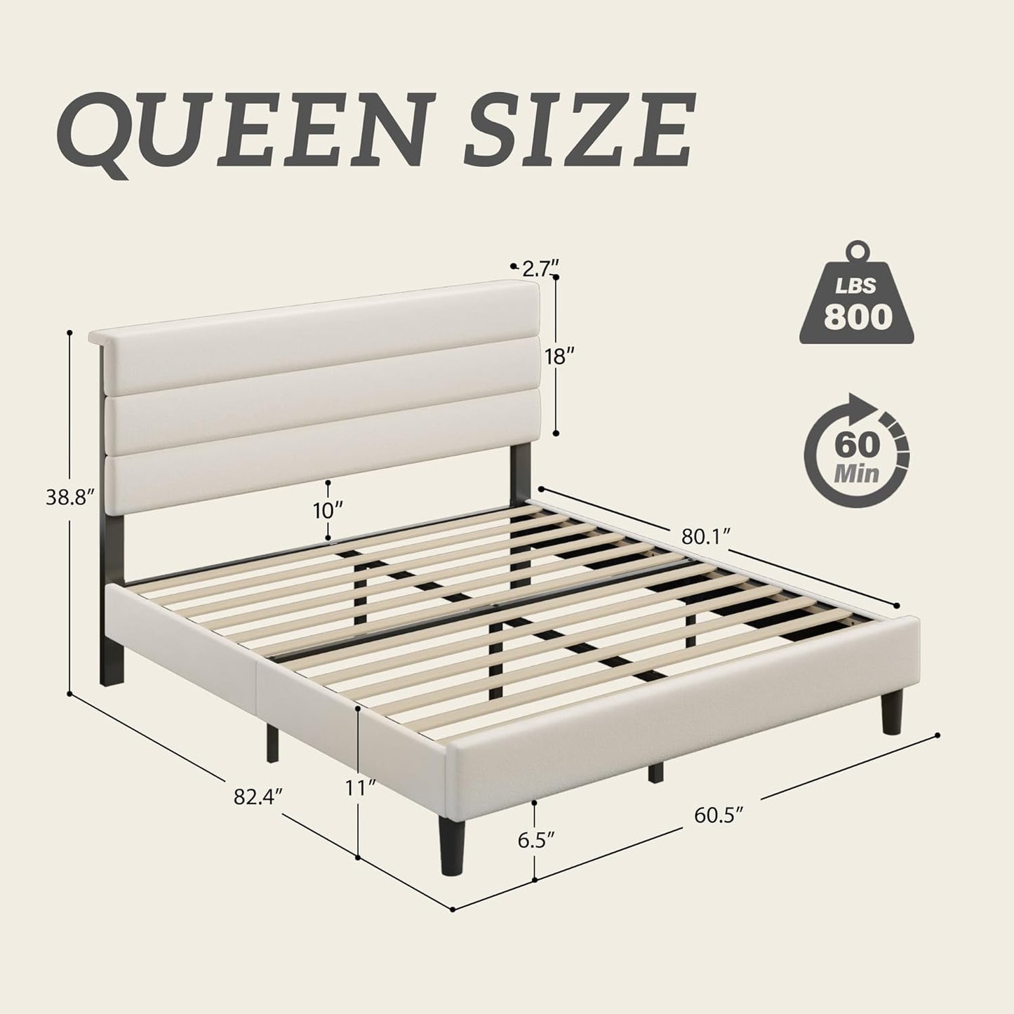 Fluest Queen Bed Frame, Platform Bed Frame with Velvet Upholstered Headboard, No Box Spring Needed, Sturdy Metal Support, Noise Free, Easy Assembly, Modern Bedroom Furniture, Beige