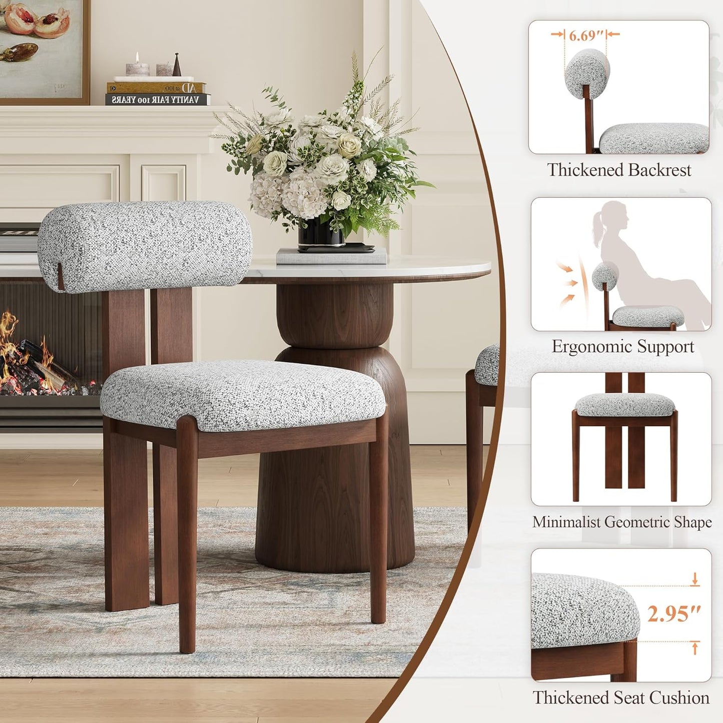 MALOL Modern Wooden Dining Chairs Set of 6, Upholstered Fabric Kitchen Chairs with Sculptural Backrest, Mid-Century Farmhouse Dining Room Chairs with Solid Wood Legs, Light Grey