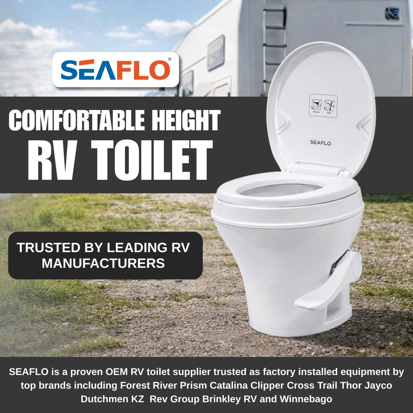 SEAFLO RV Toilet - Residential Height, Gravity Flush, Soft Close