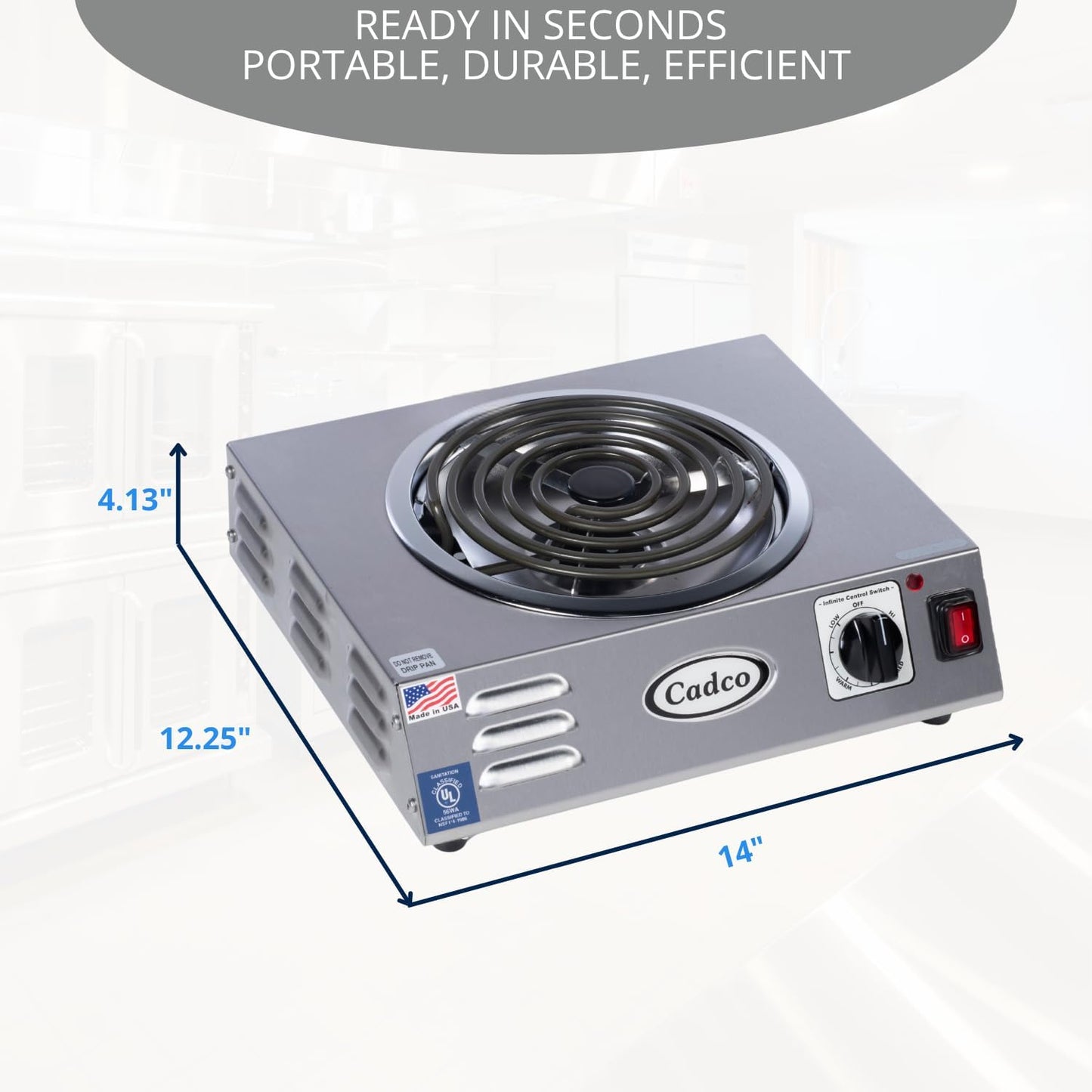 Cadco CSR-3T 14" Electric Portable Countertop Hi-Power Hot Plate w/One Tubular Burner for Restaurant Hotel Food Truck Concession Kiosk, Stainless Steel, 120v