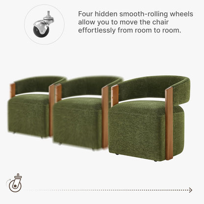 KISLOT Upholstered Dining Chairs with Casters, Modern Barrel Side Armchair with Rollers & Wooden Armrest for Dining Room, Bedroom, Kitchen, Reading Room, Green, Set of 4