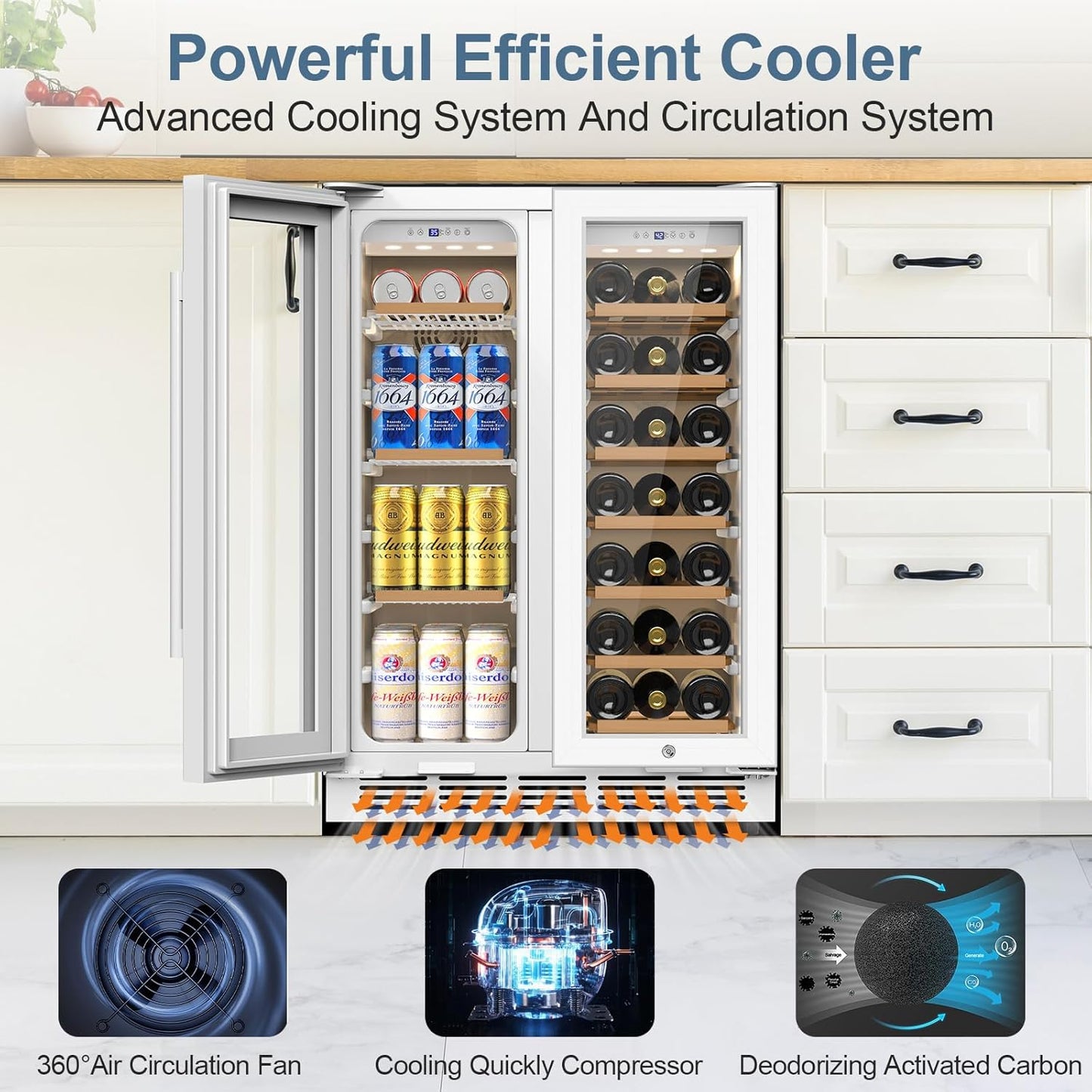 FoMup Wine and Beverage Refrigerator, 24 Inch Beverage Cooler Dual Zone with Glass Door, Under Counter Beverage Fridge with Upgraded 65 Cans 18 Bottles Large Capacity, White