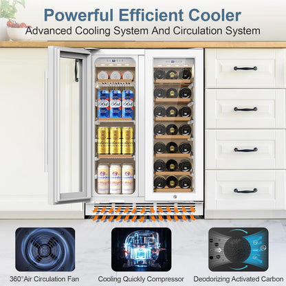 FoMup Wine and Beverage Refrigerator, 24 Inch Beverage Cooler Dual Zone with Glass Door, Under Counter Beverage Fridge with Upgraded 65 Cans 18 Bottles Large Capacity, White