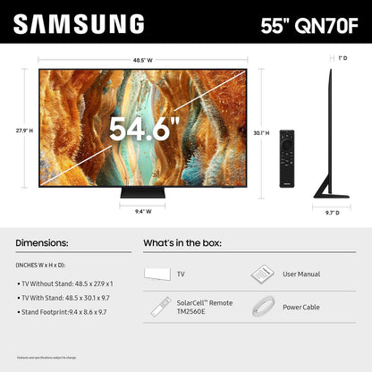 Samsung 55-Inch Class Neo QLED QN70F 4K Mini LED Smart TV (2025 Model) NQ4 AI Gen2 Processor, Quantum Matrix Technology Slim, Motion Xcelerator 144Hz, Samsung Vision AI, Alexa Built-in