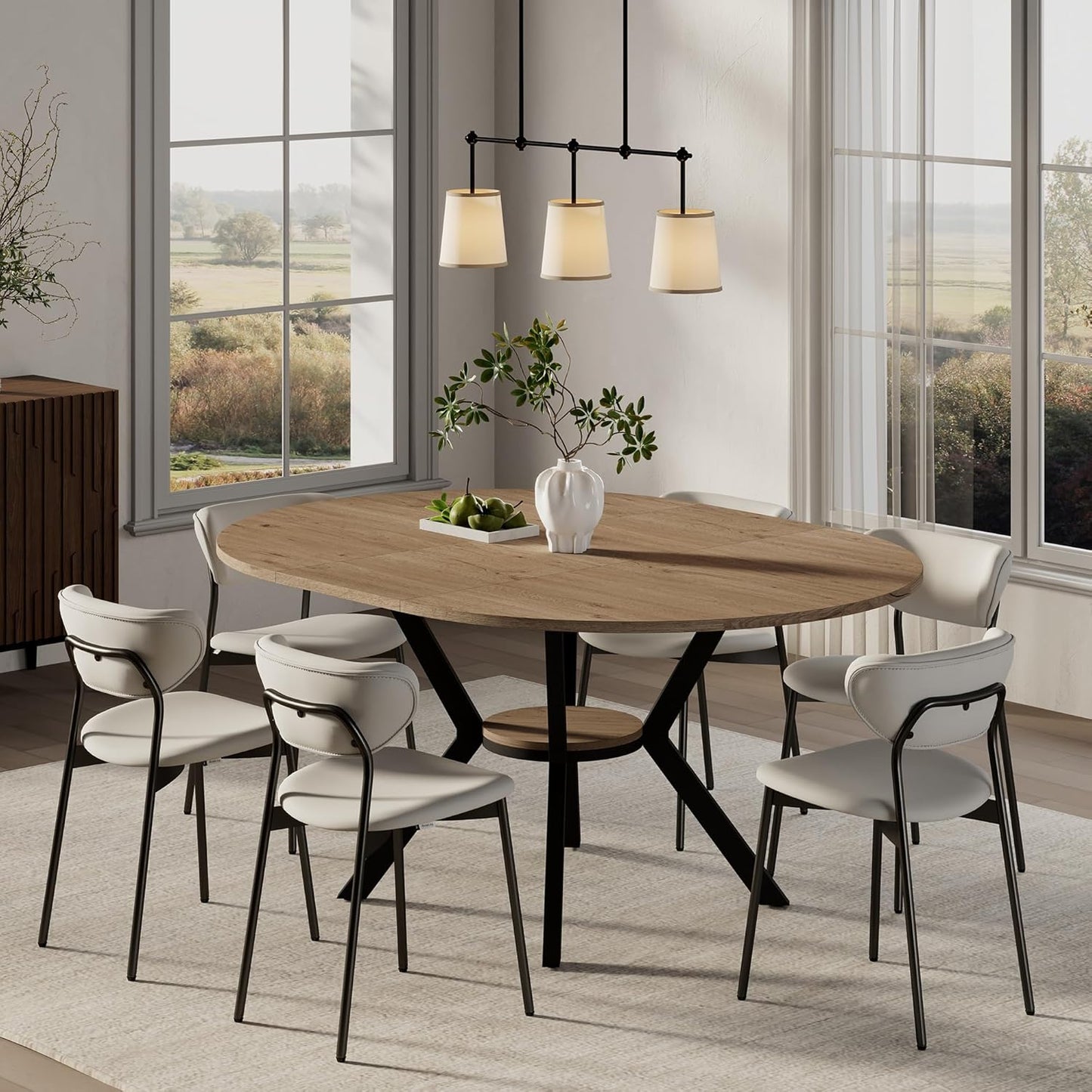 42"-58" Extendable Round Dining Table with Built-in Flip Leaf, Modern Oval Kitchen Table for 4-6, Space-Saving Small Room Furniture with Storage Shelf and X-Shaped Metal Base