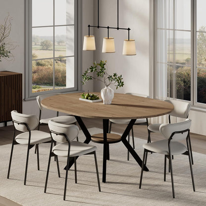 42"-58" Extendable Round Dining Table with Built-in Flip Leaf, Modern Oval Kitchen Table for 4-6, Space-Saving Small Room Furniture with Storage Shelf and X-Shaped Metal Base