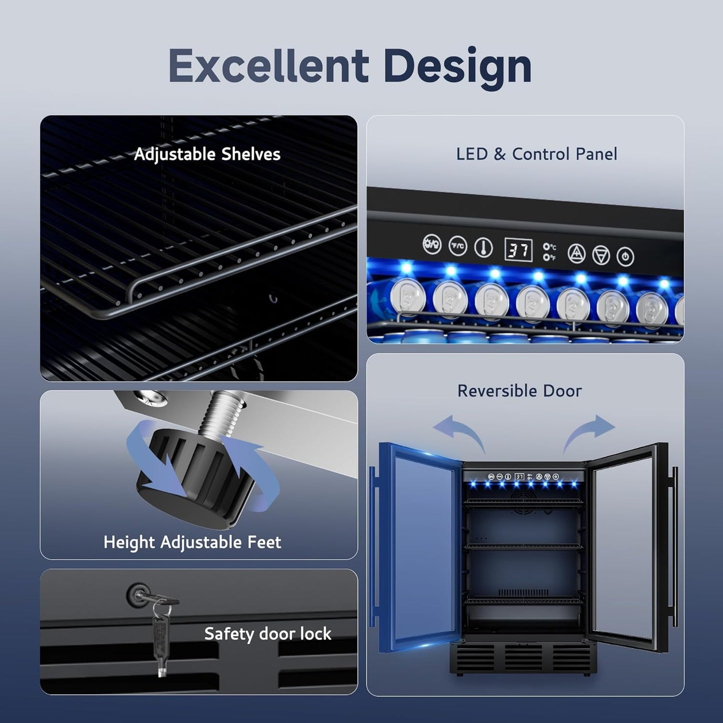 24 Inch Beverage Refrigerator, 180 Cans Beverage Refrigerator with Glass Door, LED Light, Under Counter Refrigerator for Soda, Water, Wine, Drink Fridge for Home, Bar or Office