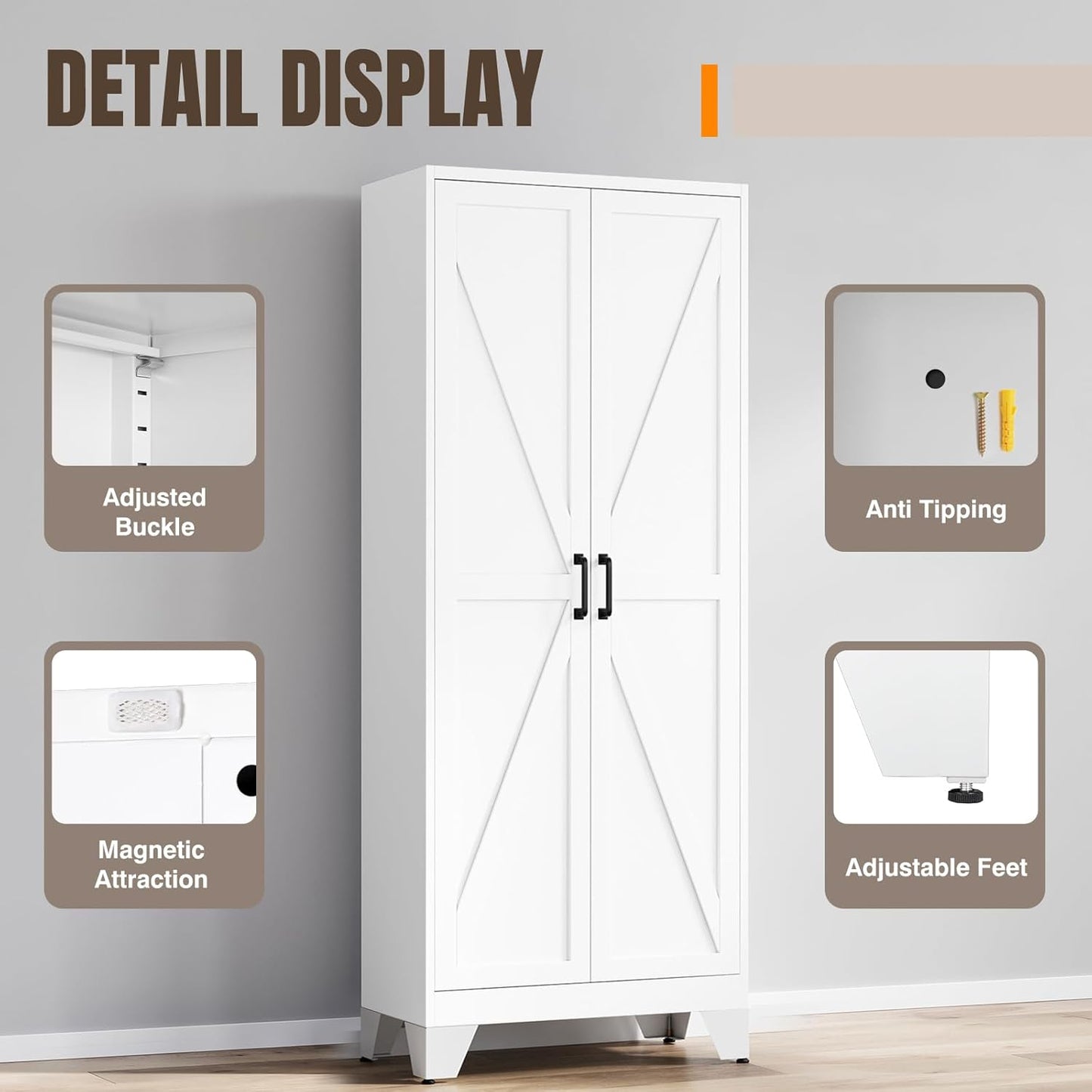 Yizosh Metal Storage Cabinet with Doors and 4 Adjustable Shelves - 75" White Kitchen Pantry Storage,4-Tier Tall Steel Cabinet Locker for Kitchen,Living Room,Dining Room