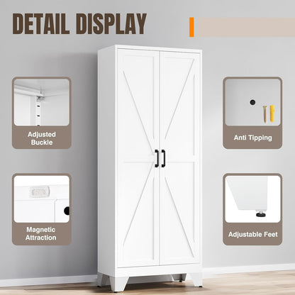 Yizosh Metal Storage Cabinet with Doors and 4 Adjustable Shelves - 75" White Kitchen Pantry Storage,4-Tier Tall Steel Cabinet Locker for Kitchen,Living Room,Dining Room