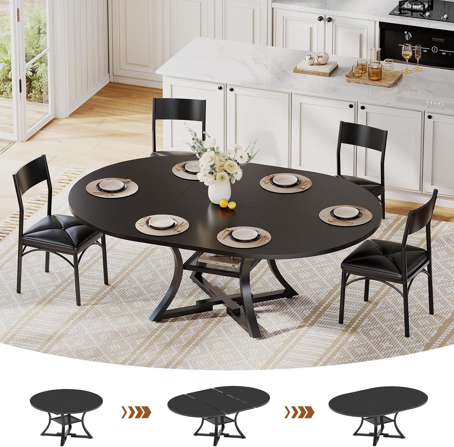 Itaar Round Extendable Dining Table Set for 4-6 People, 5-Piece Kitchen Table Set with 4 Cushion Chairs, Dining Room Table for 6 with MDF Board & Metal Frame for Small Space, Easy Clean, Black