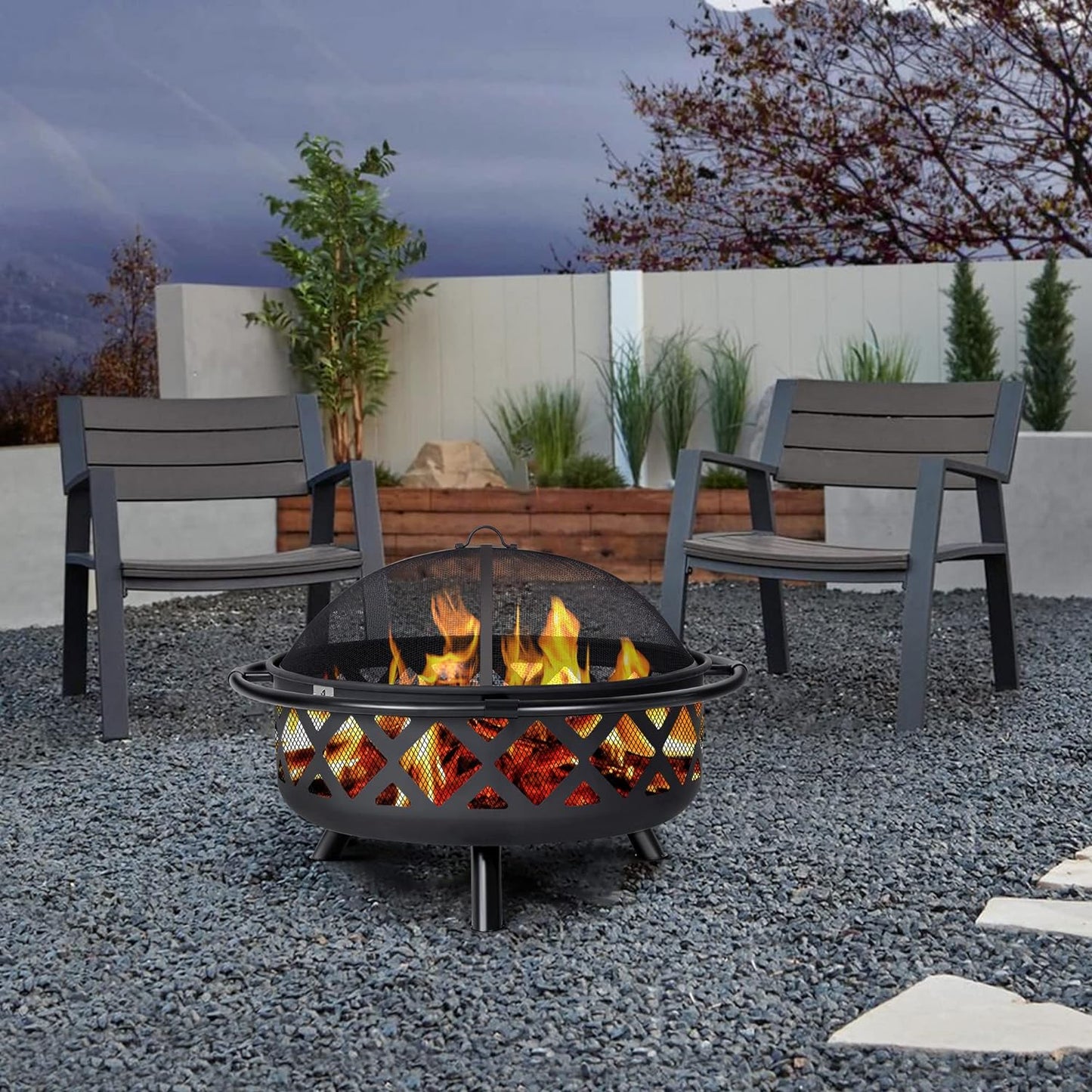 SUNCREAT 42” Patio Fire Pit Wood Burning with Mesh Spark Screen, Bonfire Outdoor firepit with Fireplace Poker, Black