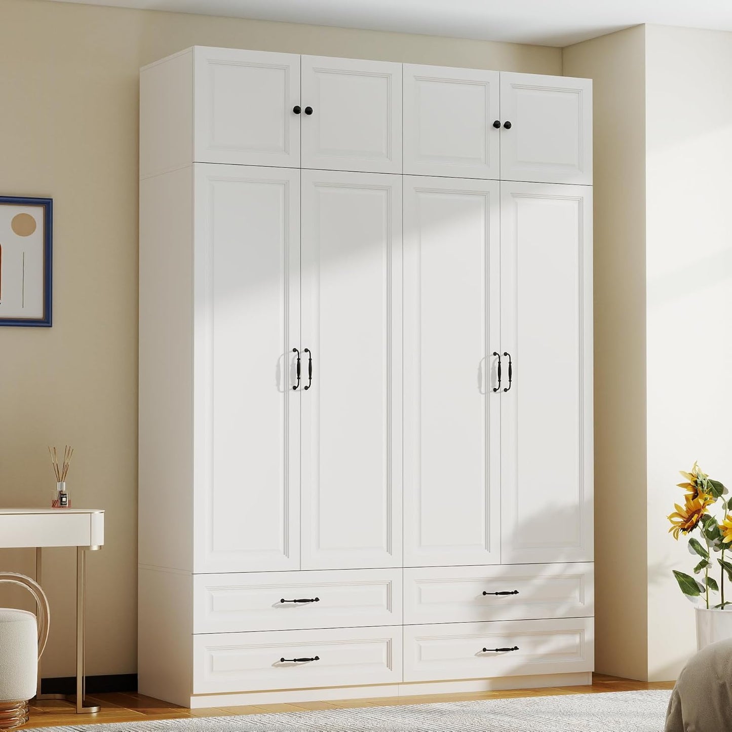 White Armoire Wardrobe Closet: 88" Extra Tall Wardrobe Closet with 4 Drawers, Bedroom Armoires with 4 Doors, Wood Large Armoire with Top Cabinet (63")