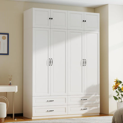 White Armoire Wardrobe Closet: 88" Extra Tall Wardrobe Closet with 4 Drawers, Bedroom Armoires with 4 Doors, Wood Large Armoire with Top Cabinet (63")