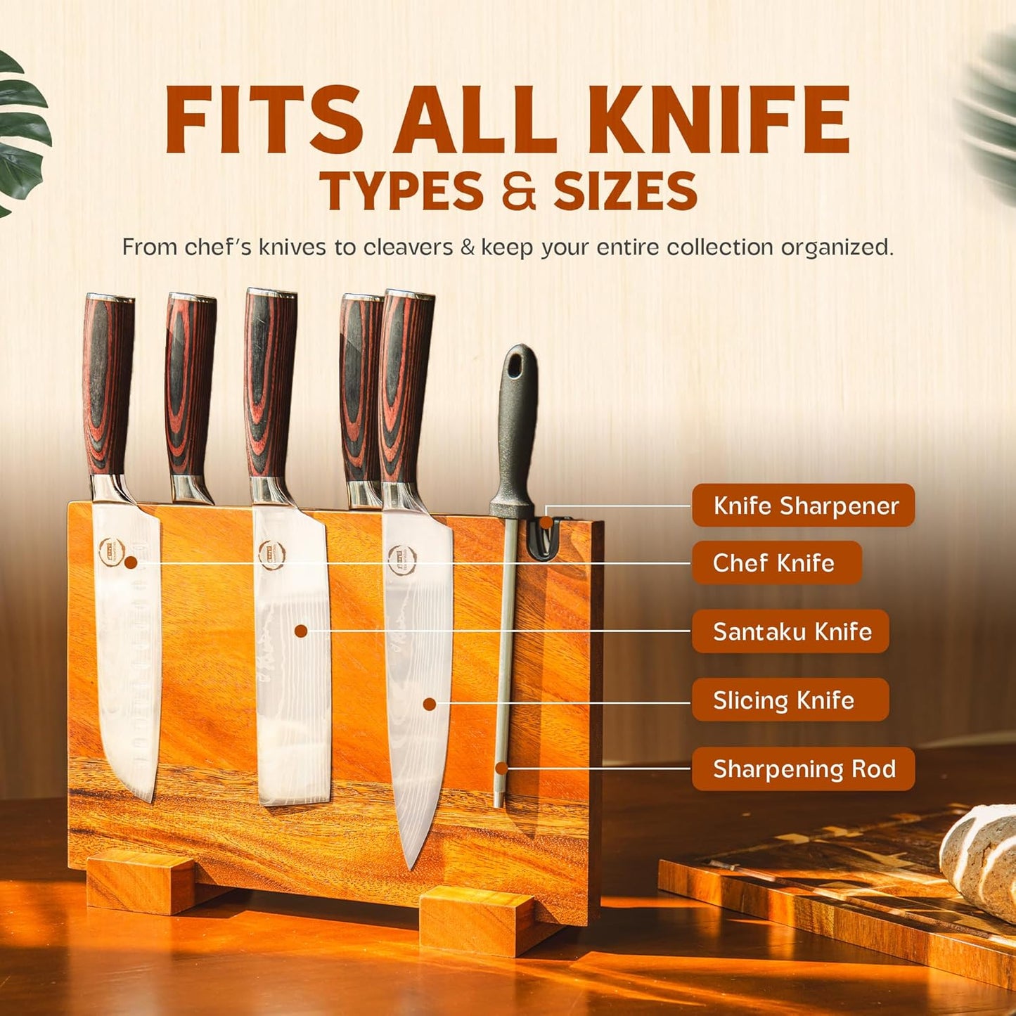 Double Sided Magnetic Knife Block with Built-in Knife Sharpener – Cool Knife Organizer, Wooden Kitchen Accessories Design with Non-Slip Bottom Grips for Stability | Maximize Counter Space