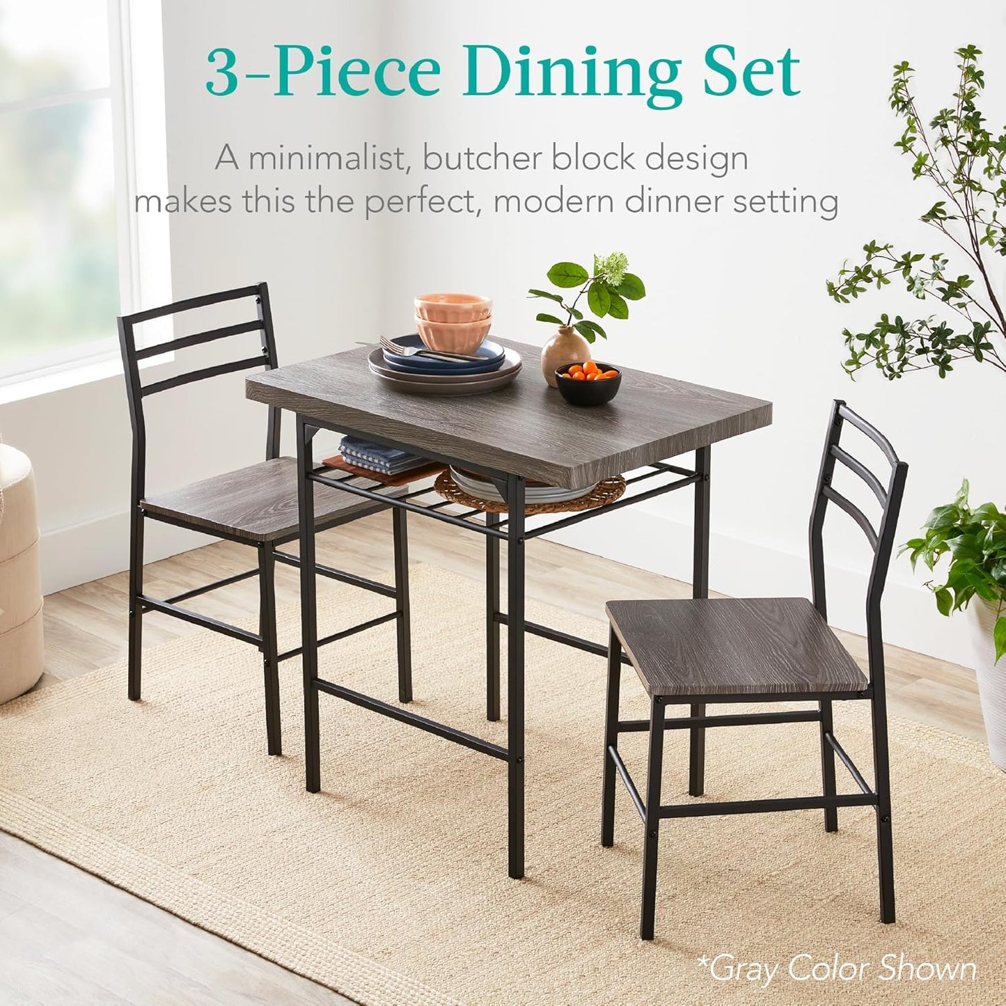 Best Choice Products 3-Piece Modern Dining Set, Space Saving Dinette for Kitchen, Dining Room, Small Space w/Steel Frame, Built-in Storage Rack - Black/Black