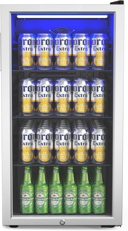 Bonnlo 3.3 Cu.Ft Beverage Refrigerator Cooler with Glass Door & Safety Lock, Quiet Mini Drink Fridge with Adjustable Shelf & Feet, Small Wine Cooler for Bedroom, Bar & Office, 32-50°F, 115V