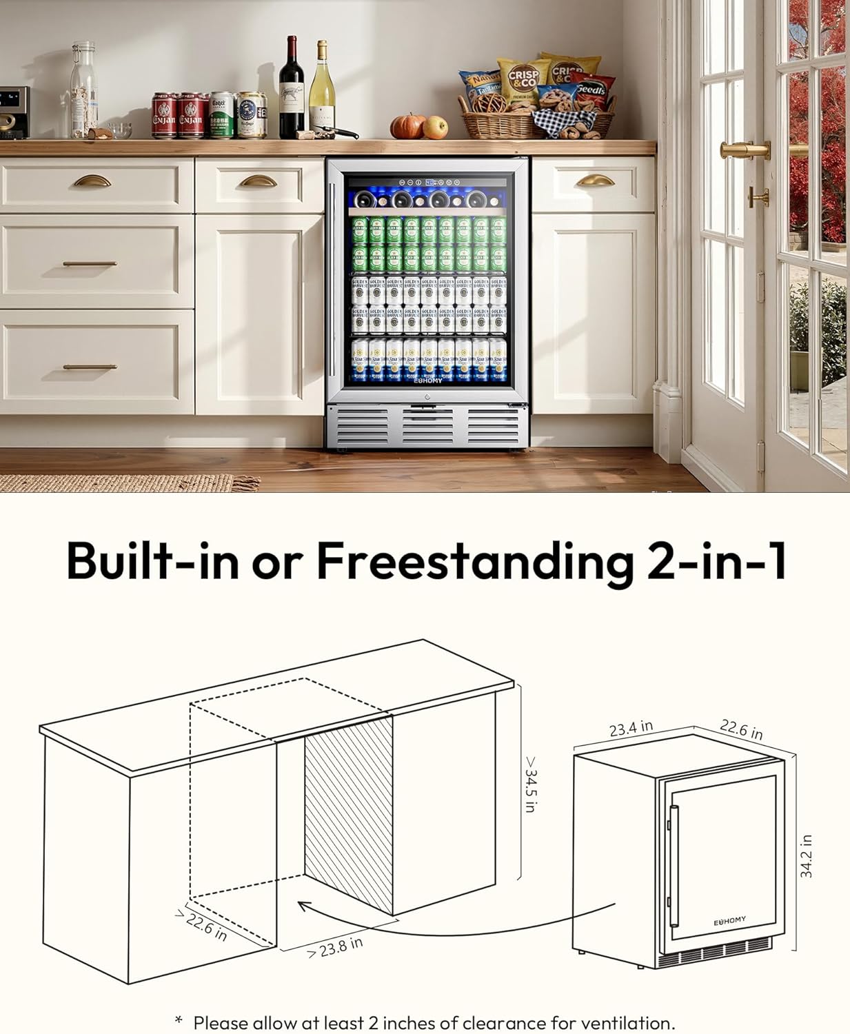 EUHOMY 24 Inch Wine and Beverage Refrigerator, 112 Cans & 8 Bottles Built-in or Freestanding Beverage Refrigerator Double-Layer Glass Door, Under Counter Wine Fridge for Kitchen, Bar, Office