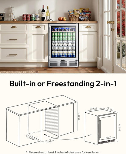 EUHOMY 24 Inch Wine and Beverage Refrigerator, 112 Cans & 8 Bottles Built-in or Freestanding Beverage Refrigerator Double-Layer Glass Door, Under Counter Wine Fridge for Kitchen, Bar, Office