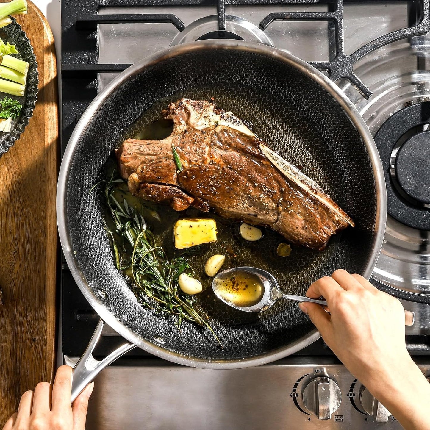 DELUXE Hybrid Ceramic Nonstick 5-Piece Fry Pan Set,8,10,12 Inch Frying Pans with Tempered Glass Lids,Stay-Cool Handles, Dishwasher Safe, Works on All Stovetops (Induction, Gas, Electric)