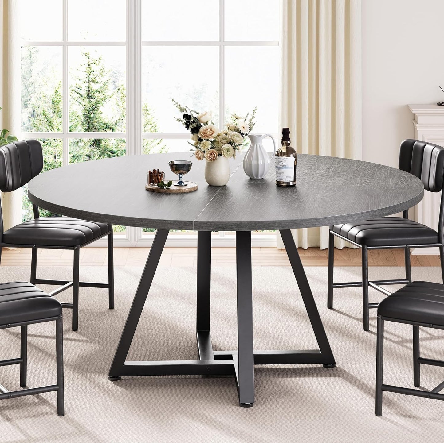 Jocoevol 51“ Round Kitchen Dining Room Table for 6-8, Circle Dining Dinner Table with Pedestal Metal Frame, Space Saving Wood Industrial Furniture for Small Space (Grey, 51In)