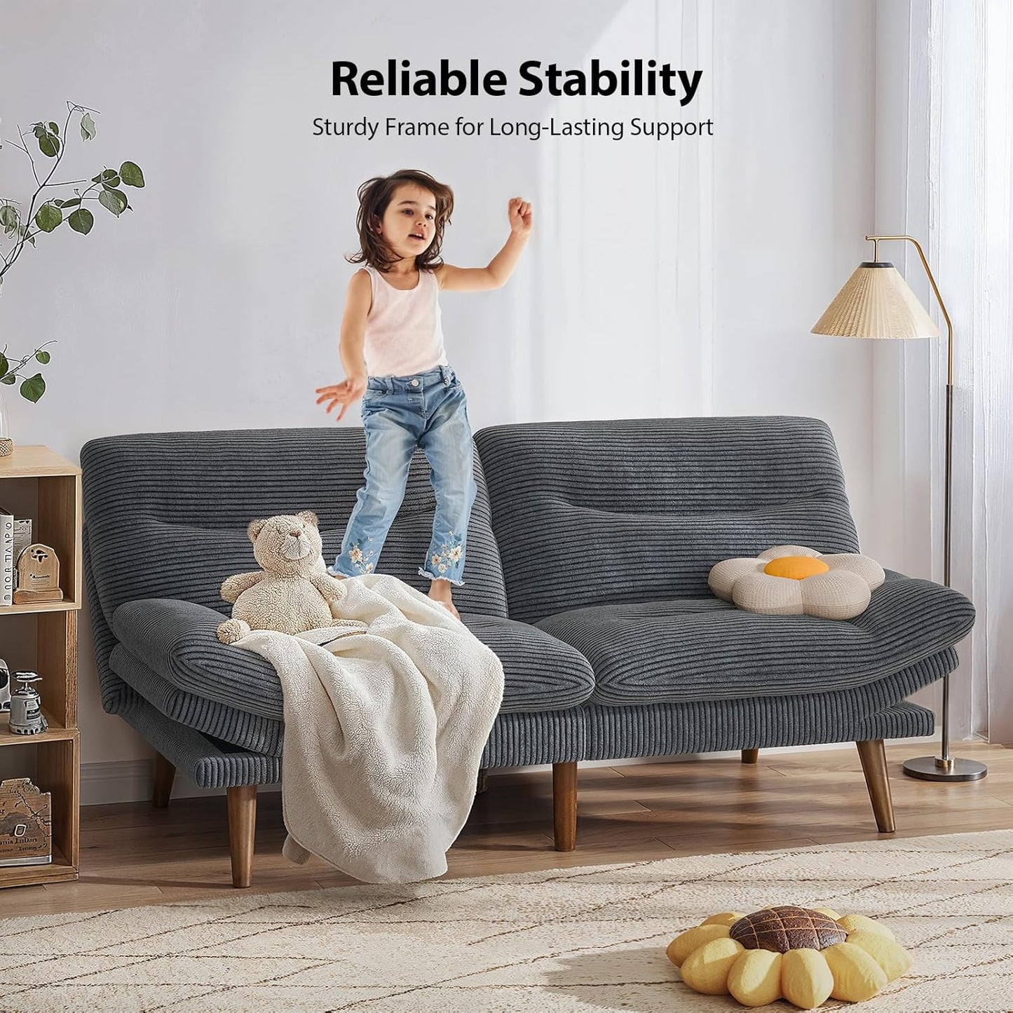 Pipishell Futon Sofa Bed, 66 Inch Corduroy Futon Couch Convertible with Adjustable Backrest and Armrests, Recliner Sleeper Sofa for Small Spaces, Living Room, Office, Guest Room (Grey, 66 Inch)