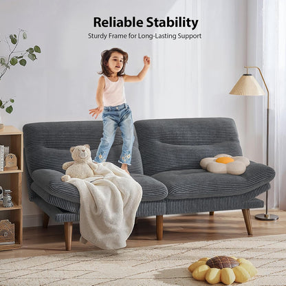 Pipishell Futon Sofa Bed, 66 Inch Corduroy Futon Couch Convertible with Adjustable Backrest and Armrests, Recliner Sleeper Sofa for Small Spaces, Living Room, Office, Guest Room (Grey, 66 Inch)