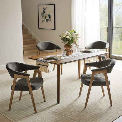 HULALA HOME Dining Chairs Set of 4, Mid-Century Modern Upholstered Dining Room Chair with Armrest, Curved Backtrst & Solid Wood Legs, Kitchen Side Chairs for Resurant, Living Room - Dark Gray