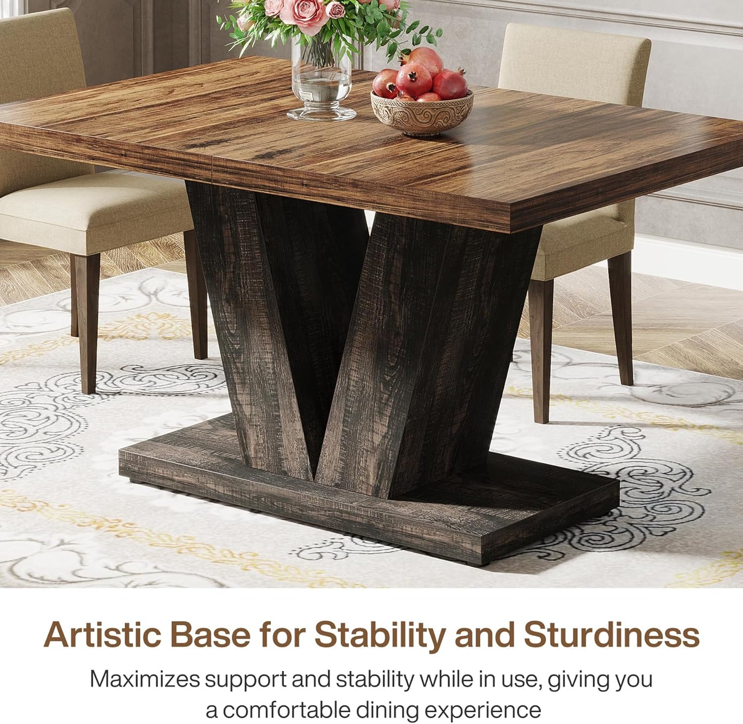 Tribesigns 47-Inch Dining Table for 4, Black Kitchen Dinner Table with Heavy Duty Pedestal, Farmhouse Wooden Eating Table for Home, Dining Room, Small Space, Black & Brown