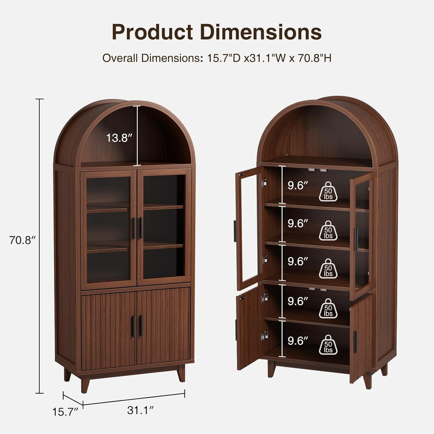 FiveWillowise 71" Tall Arched Cabinet with Glass Doors, Fluted Pantry Cabinet with Solid Wood Legs, Modern Accent Furniture for Living Room, Kitchen, Dining Room, Entryway, Walnut