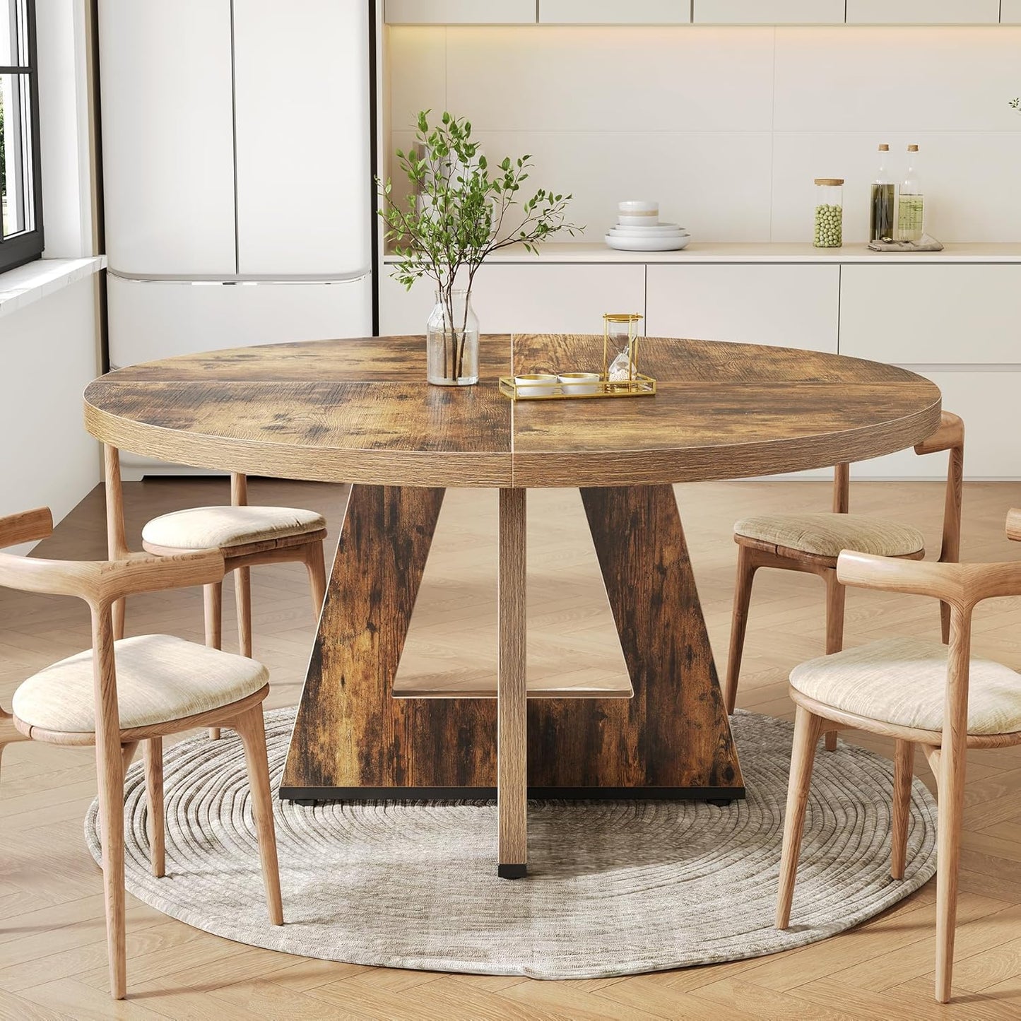 LITTLE TREE Round Dining Table for 4-6 People, 47 Inches Dining Room Table with Wooden Pedestal Base, Circle Kitchen Tables for Dining Room, Kitchen, Living Room, Rustic Brown