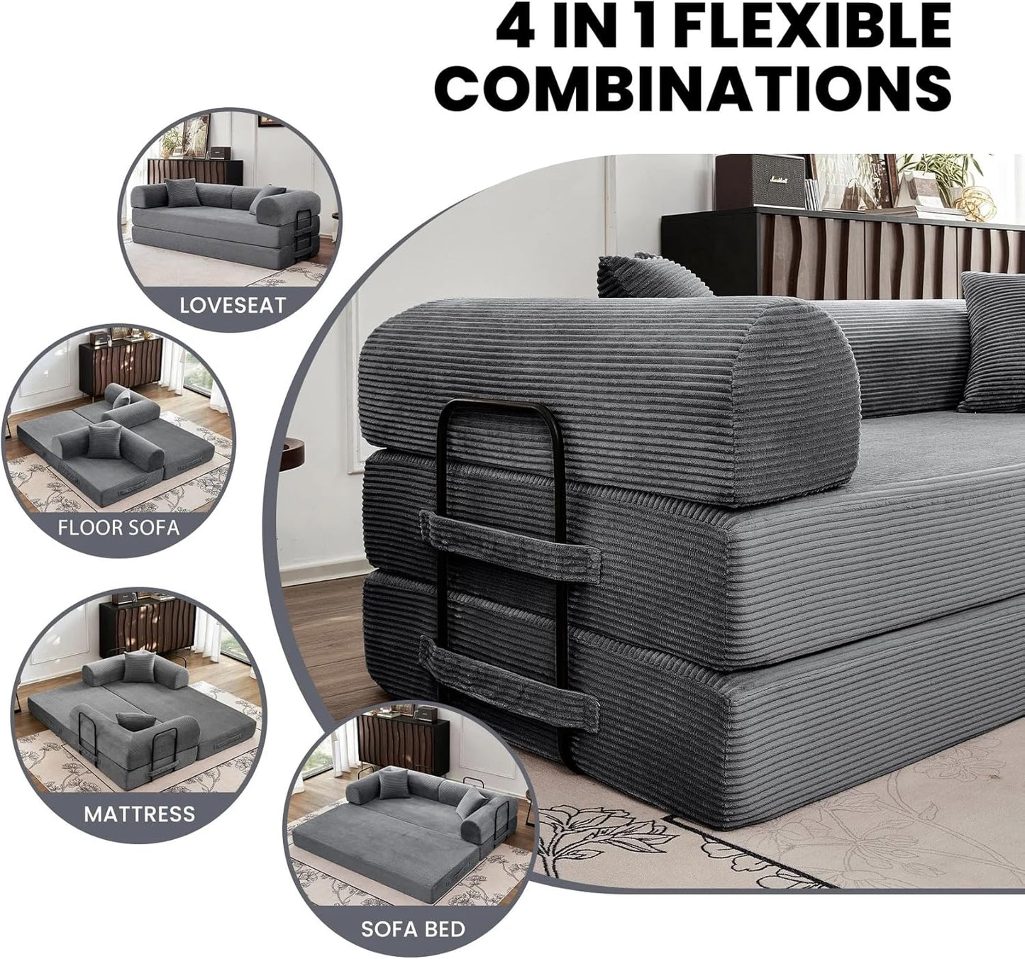 79'' Convertible Couch Bed, 5 in 1 Modular Floor Sofa, Folding Sleeper Couch with Pull Out Bed and Cushions, Corduroy Sofa for Small Spaces Living Room Bedroom Apartment Guest Room (Dark Gray) | No Assembly, Convertible Sofa, Space-Saving