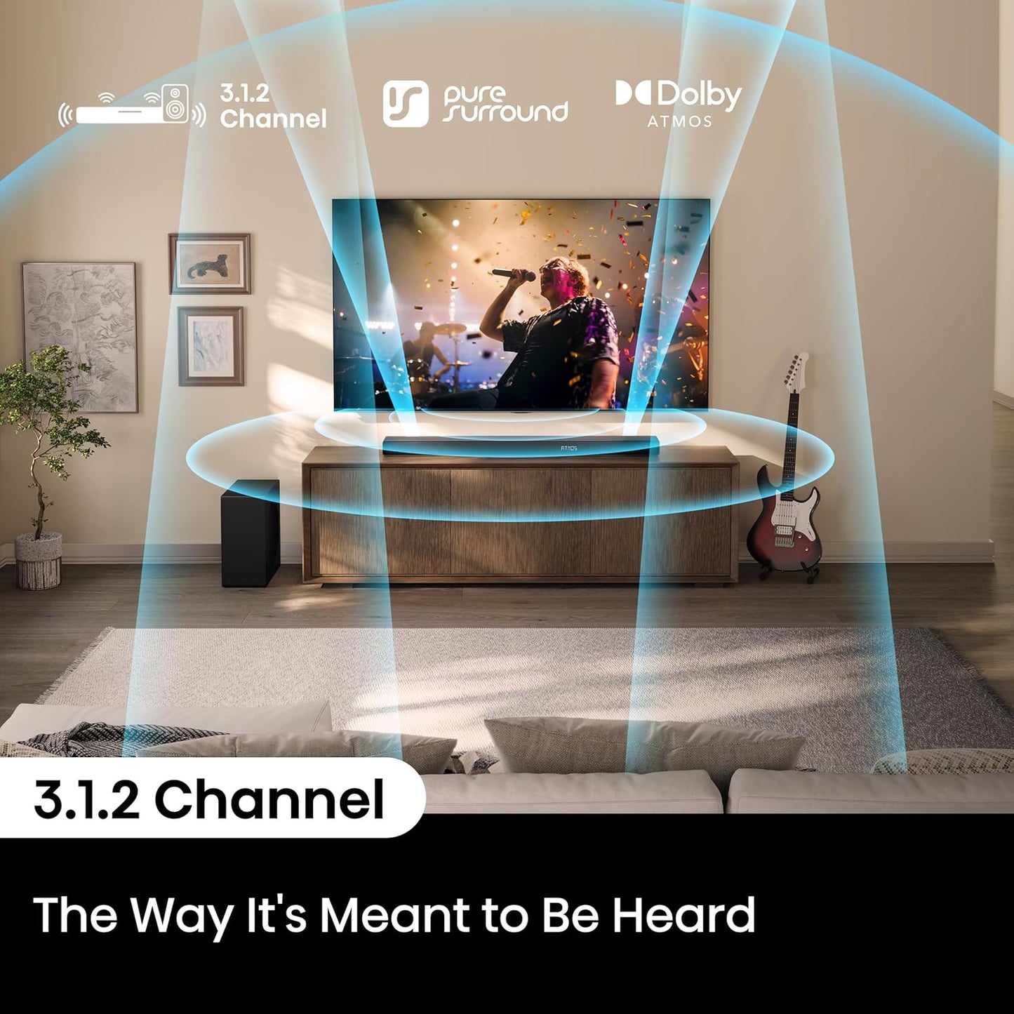 Hisense AX3120Q 3.1.2Ch Sound Bar with Wireless Subwoofer, Dolby Atmos, DTS:X, Bluetooth 5.3, Roku TV Ready, HDMI/AUX/ARC/Optical/USB, EzPlay 3.0, 7 EQ Modes, Hi Concerto, Black