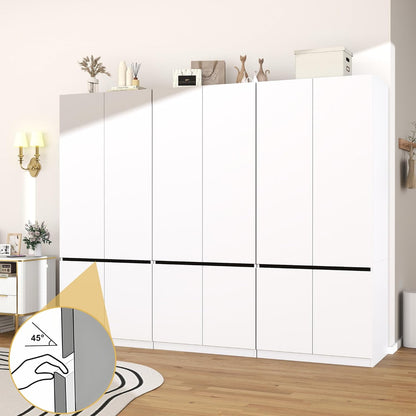 White Armoire Wardrobe Closet: 74" Wooden Wardrobe Closet with 6 Doors, Bedroom Armoires with Hanging Rod, Tall Closets Cabinet for Hanging Clothes (94.5")