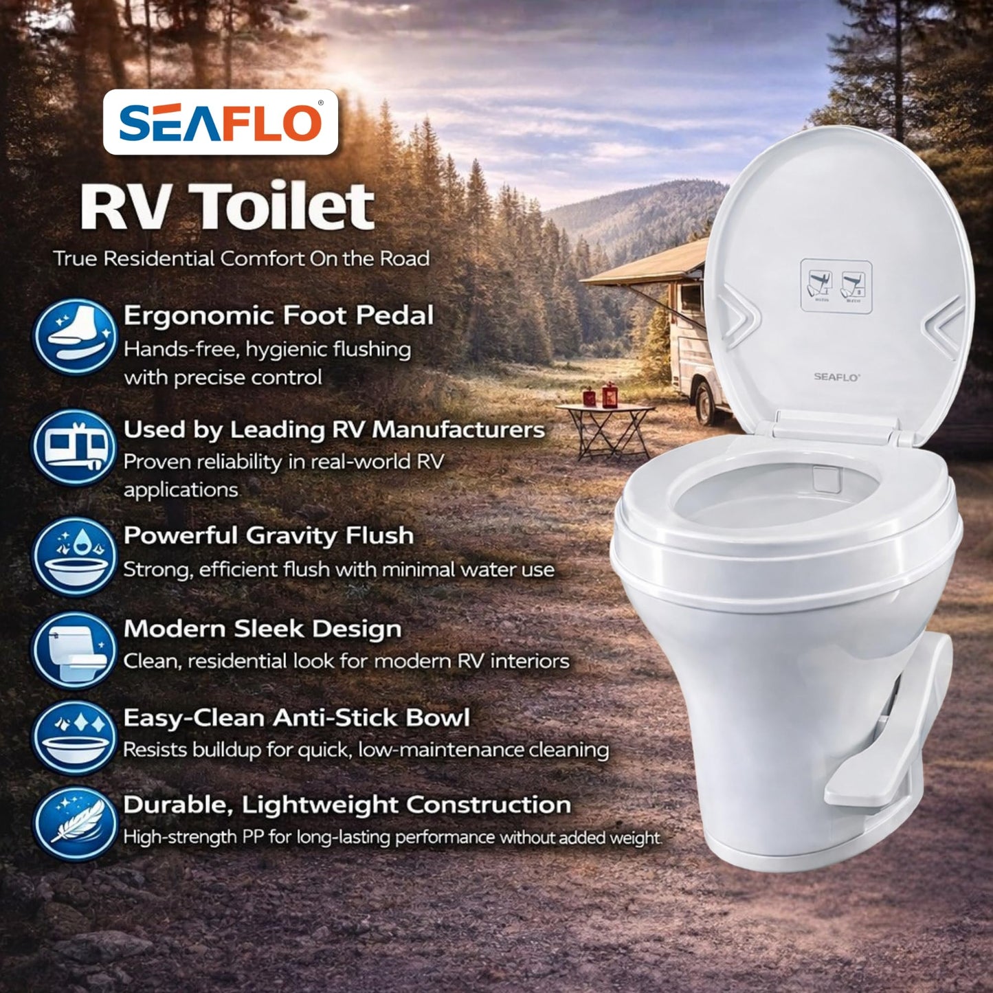 SEAFLO RV Toilet - Residential Height, Gravity Flush, Soft Close