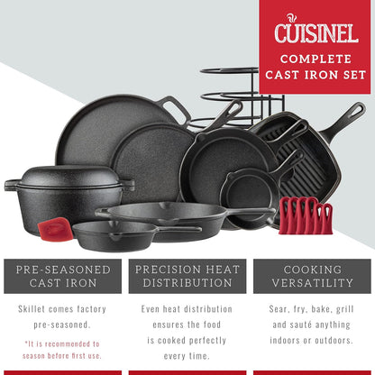 Cuisinel Cast Iron Cookware 18-Piece Set - Pre-Seasoned 6" + 8" + 10" + 12" Skillet + Grill Pan+Lid + Griddle + Pizza Pan + Dutch Oven+Pan Cover + Panrack + Silicone Handle Grips + Pan Scraper/Cleaner