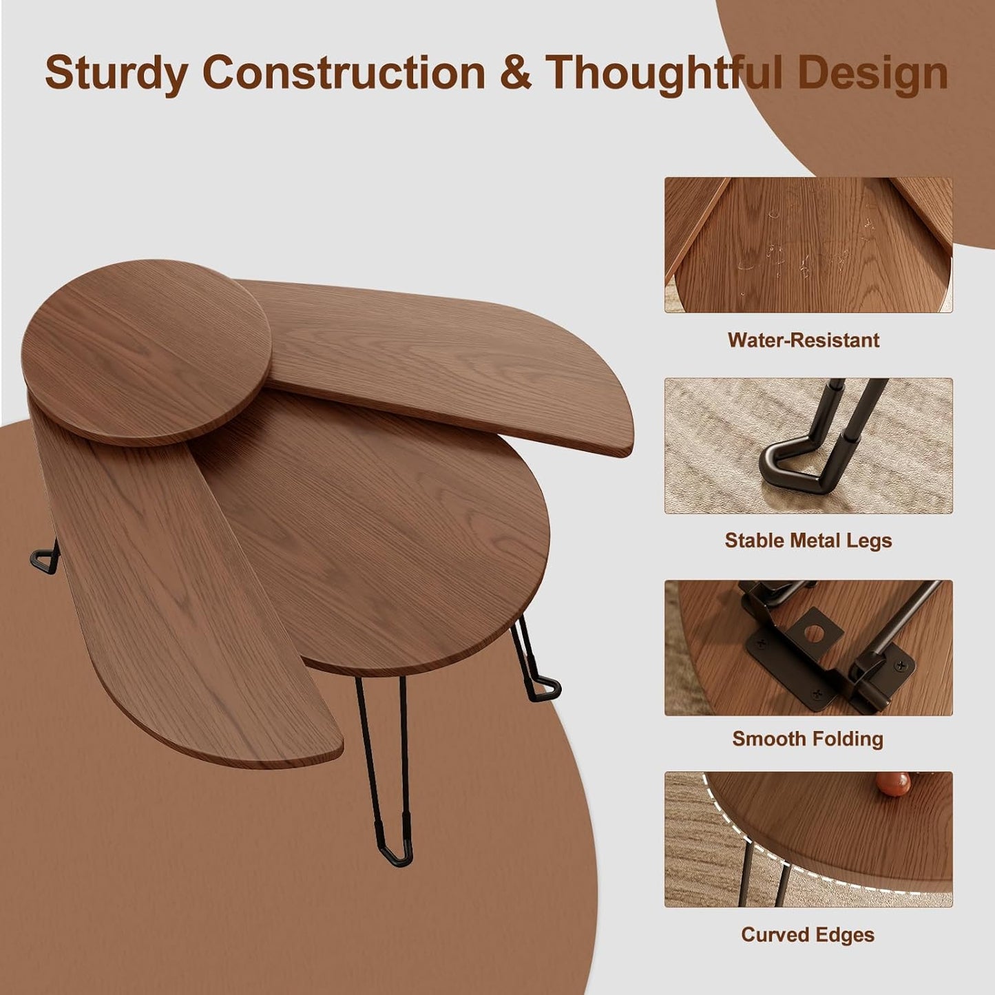 Muwuele Small Coffee Tables for Small Spaces, Solid Wood Accent Tables Living Room, Foldable Coffee Table Oval, Folding Floor Table, Low Table for Sitting on the Floor, Narrow Side Table Couch, Walnut