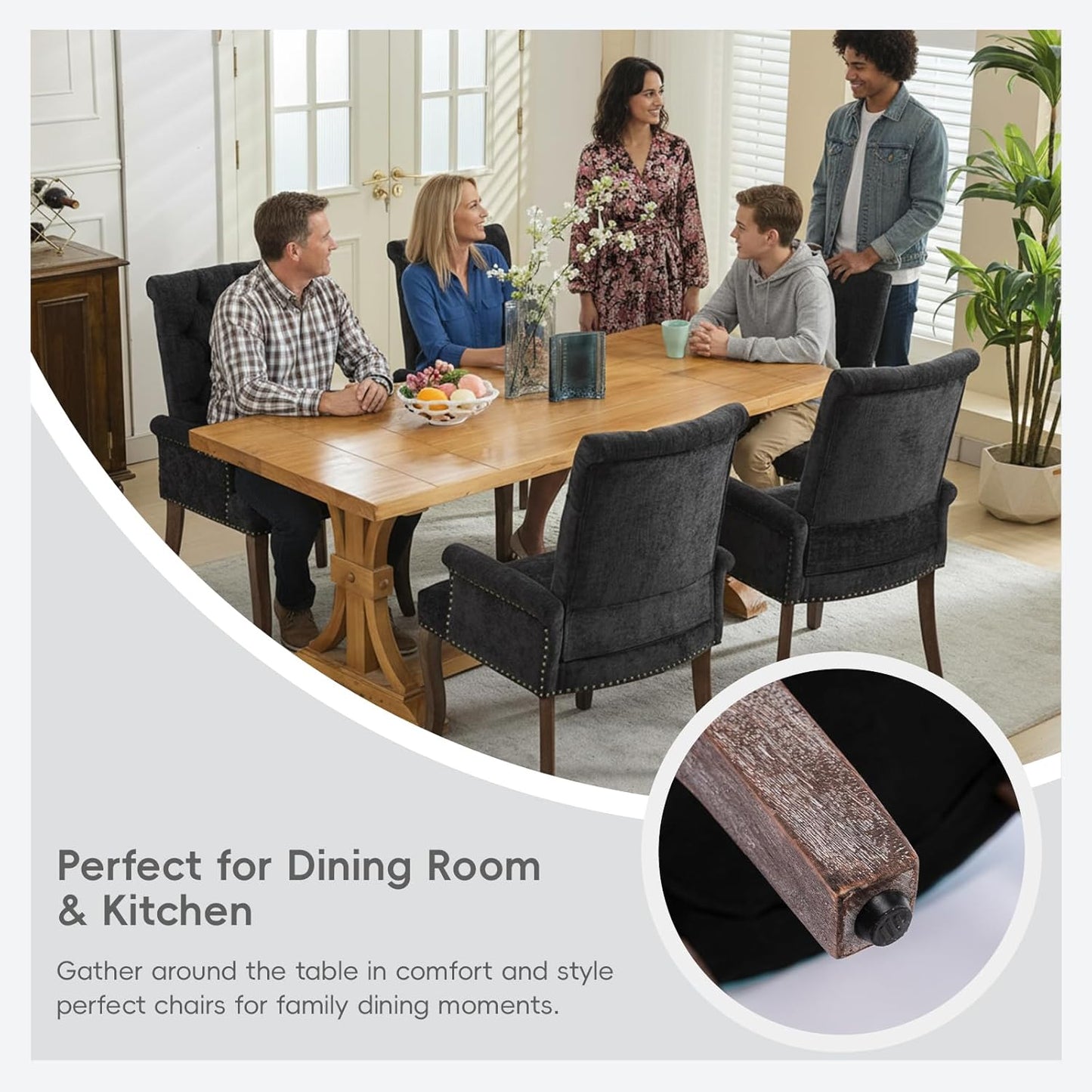Upholstered Tufted Chenille Dining Chairs with Arms & Nailhead Trim – Solid Wood Frame & Legs, Modern Farmhouse for Dining, Kitchen & Living Room (Set of 6, Charcoal Gray)