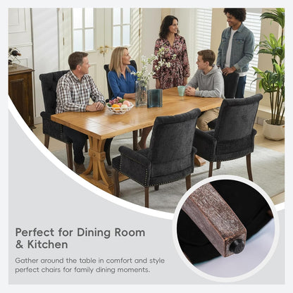Upholstered Tufted Chenille Dining Chairs with Arms & Nailhead Trim – Solid Wood Frame & Legs, Modern Farmhouse for Dining, Kitchen & Living Room (Set of 6, Charcoal Gray)