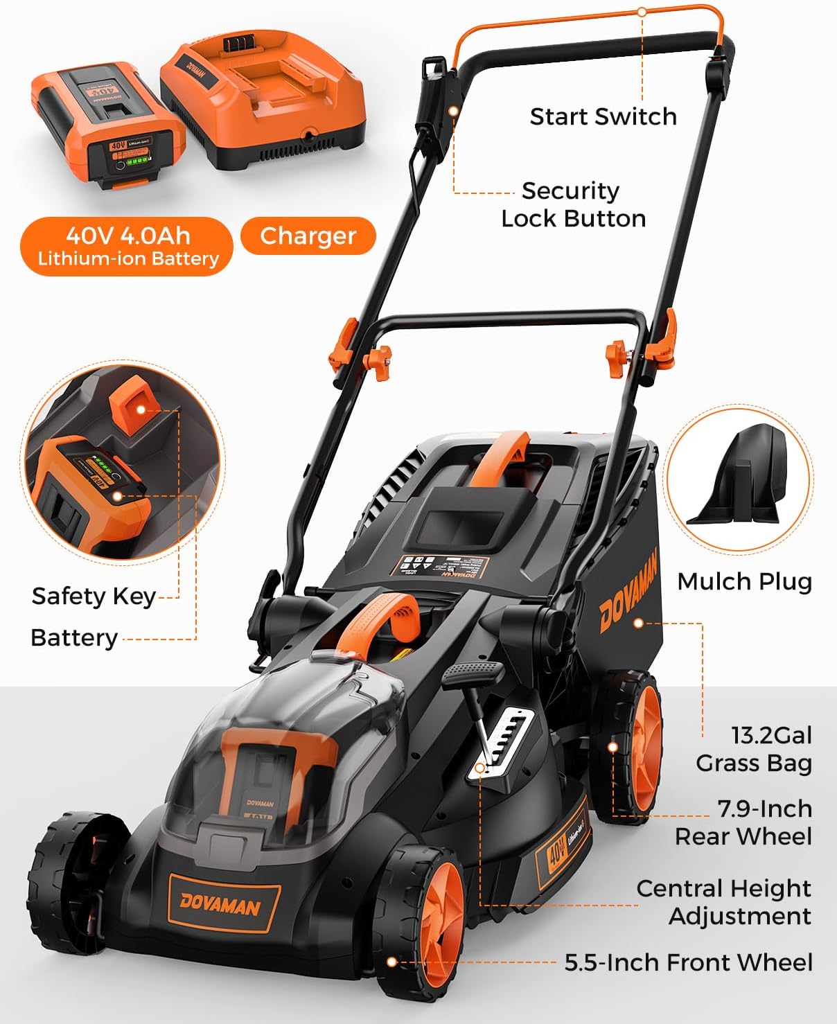 DOVAMAN LD40A 19" Cutting Deck Brushless Lawn Mower, 40V Powerful Cordless Lawn Mower, Effortless Single-Lever Height Adjustment, 3-Step Foldable Handle & Vertical Storage, 2-in-1 Mulching & Bagging