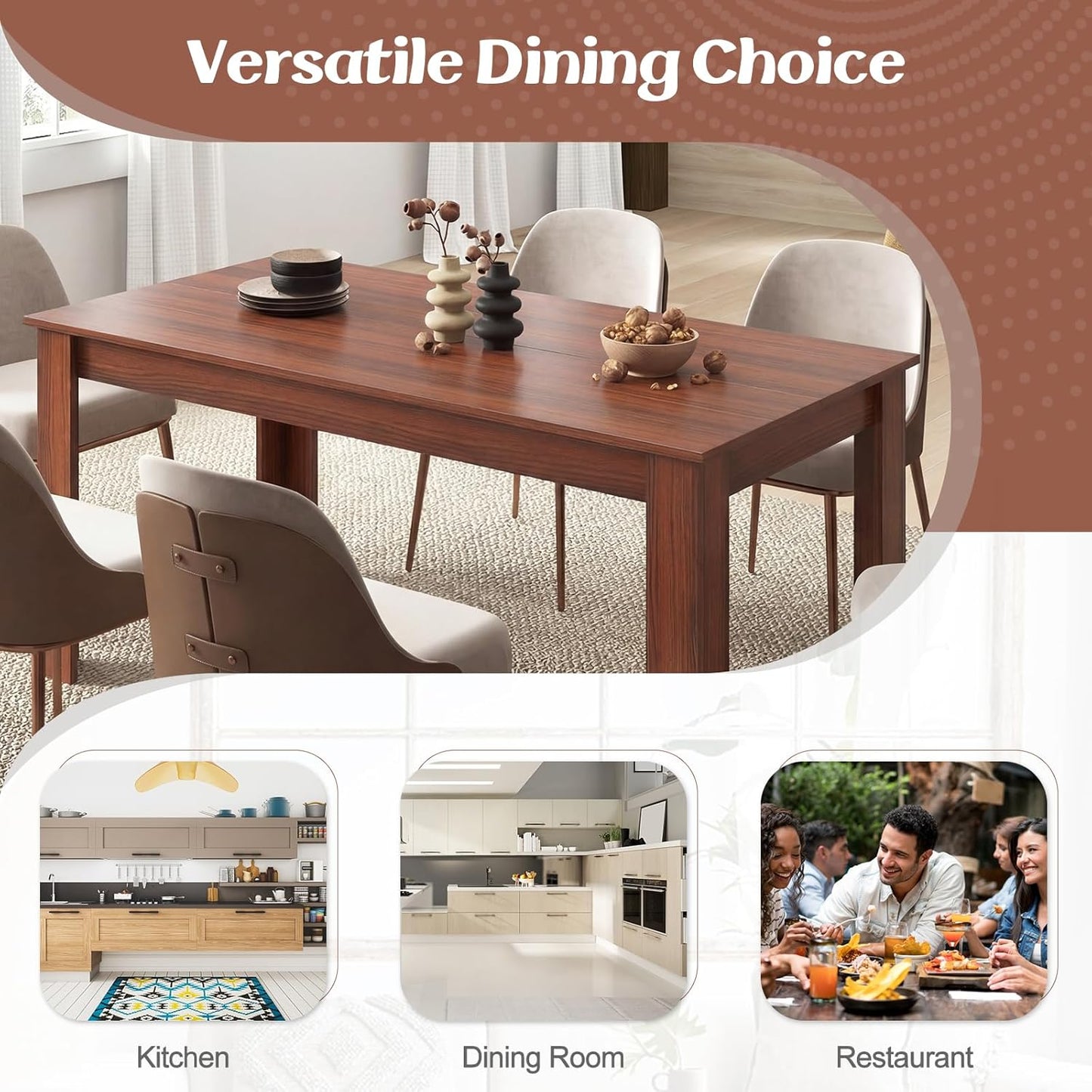 Giantex Dining Table for 4-6, 63" L Large Farmhouse Kitchen Table, Wooden Rectangular Dinner Table for Living Dining Room, Home Office, Dinette, 330LBS Capacity, Walnut