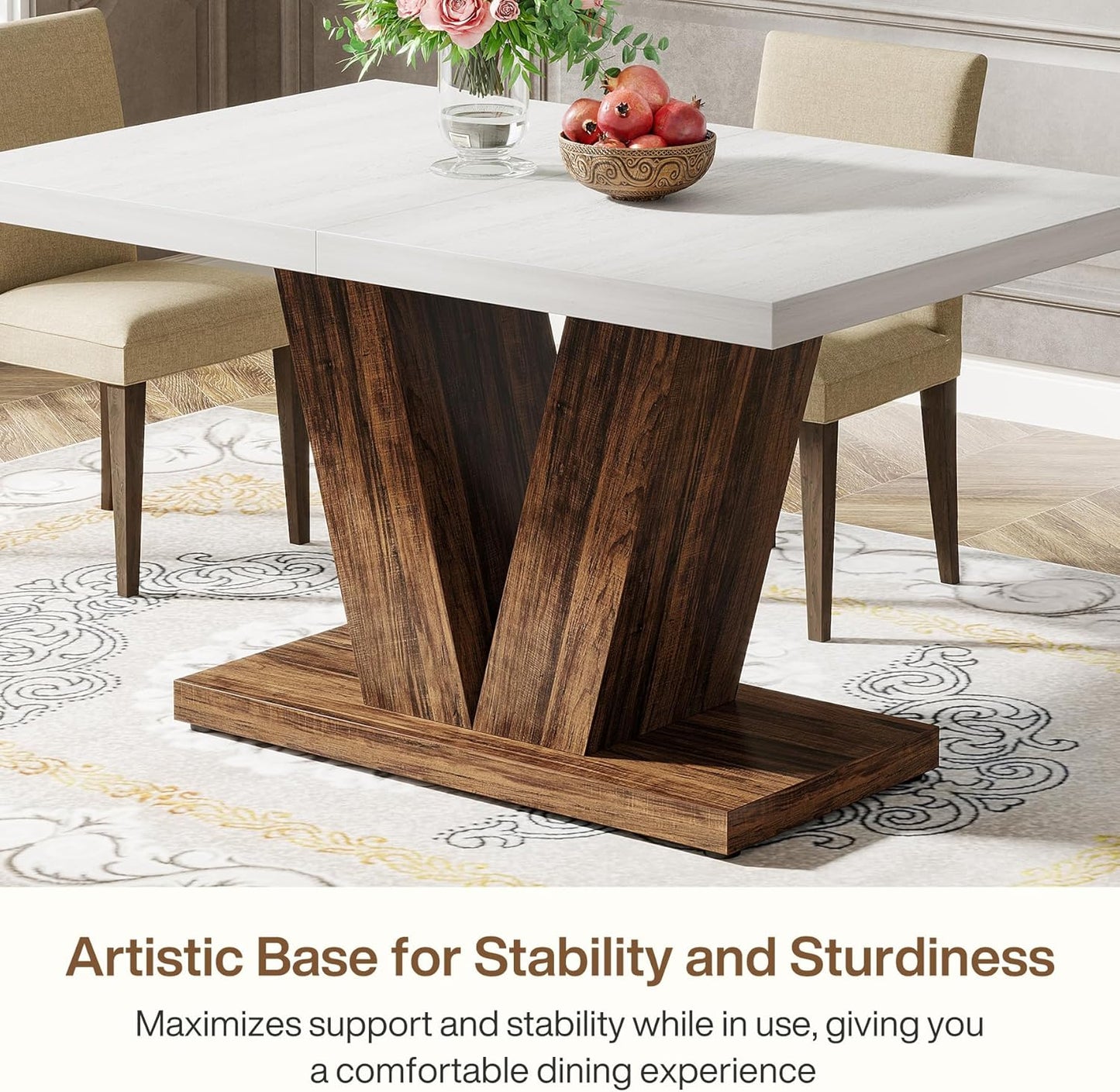 Tribesigns 47-Inch Dining Table for 4, White Kitchen Dinner Table with Heavy Duty Pedestal, Farmhouse Wooden Eating Table for Home, Dining Room, Small Space, White & Brown