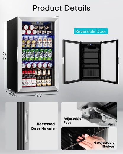 Feelfunn Beverage Refrigerator Cooler - 126 Can Mini Fridge Glass Door for Drinks Soda Beer Wine - Small Refrigerator for Office Bedroom Home Bar, 4 Adjustable Shelves, 3.2 Cu.Ft, Silver