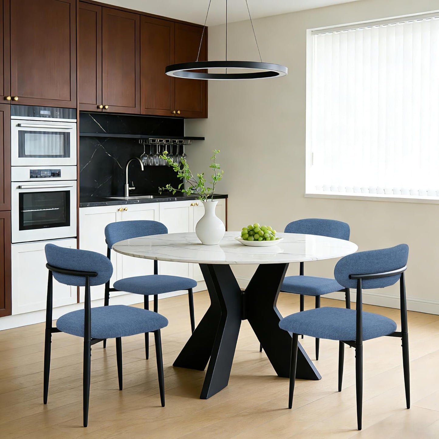 FREKEN Modern Upholstered Dining Chairs Set of 8, Mid-Century Metal Frame Linen Fabric Side Chair for Kitchen Dining Room, 350lbs Capacity, Blue