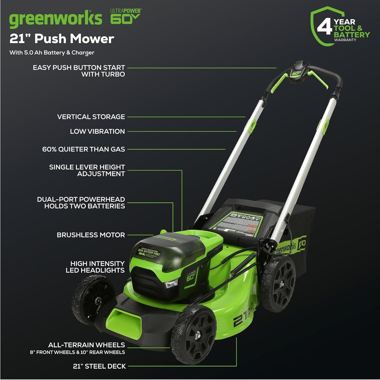 Greenworks 60V 21" Brushless (Push) Cordless Lawn Mower, 5.0Ah Battery (1/2 Acre, Rapid Charger, 4-in-1, LED Lights, IPX4)