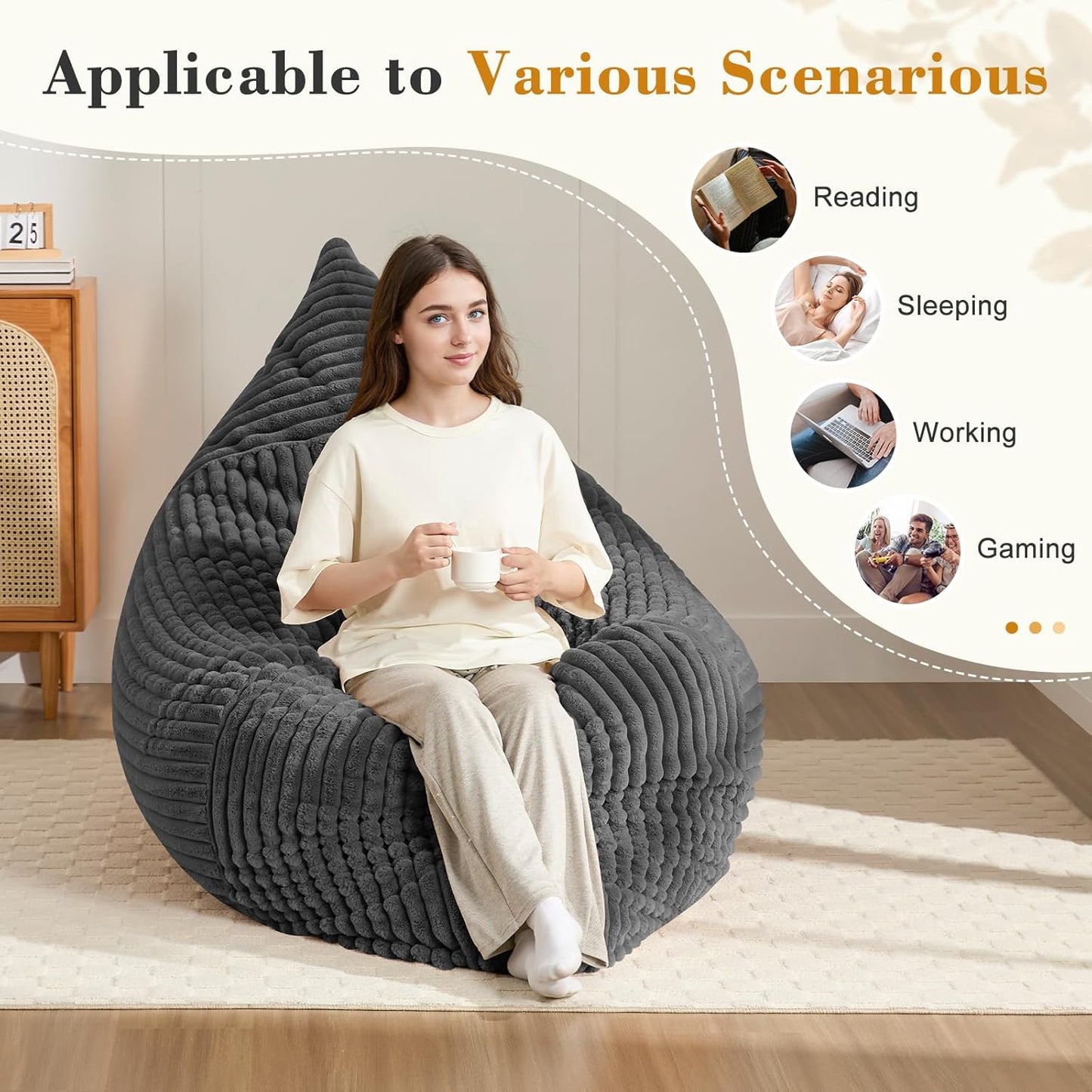 3-in-1 Giant Bean Bag Chair for Adults & Kids, Convertible Floor Sofa to Mattress, Memory Foam Beanbag Chair with Washable Cover, Multi Functional Lounge Couch for Bedroom, Living Room (Dark Grey)
