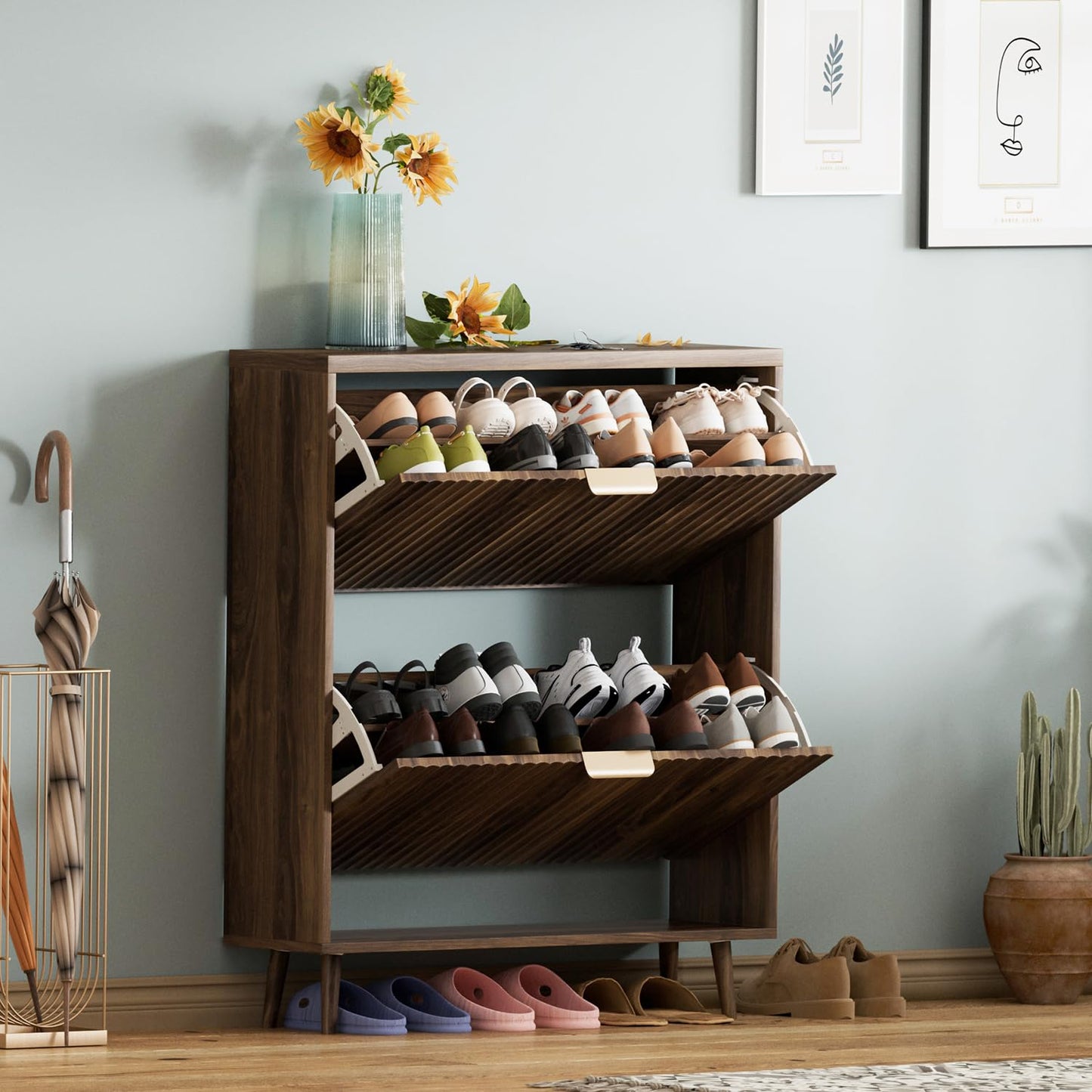 QIVOMIX Shoe Cabinet Storage - Modern Walnut Organizer with Drawers
